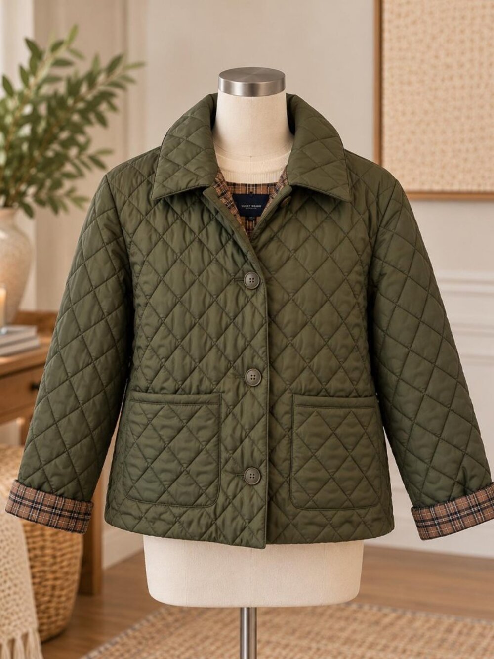 Lucky Brand Quilted Jacket S Olive Diamond Button-Front NWT Plaid Cuffs